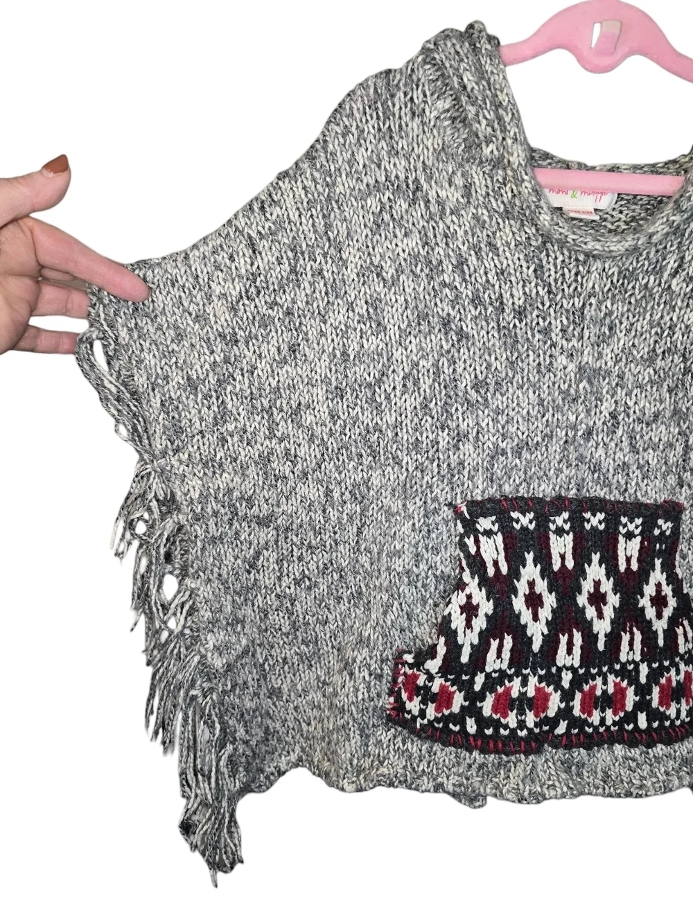 Mimi & Maggie Girls Hooded Poncho Sweater Boho Fringe Aztec Knit OS
